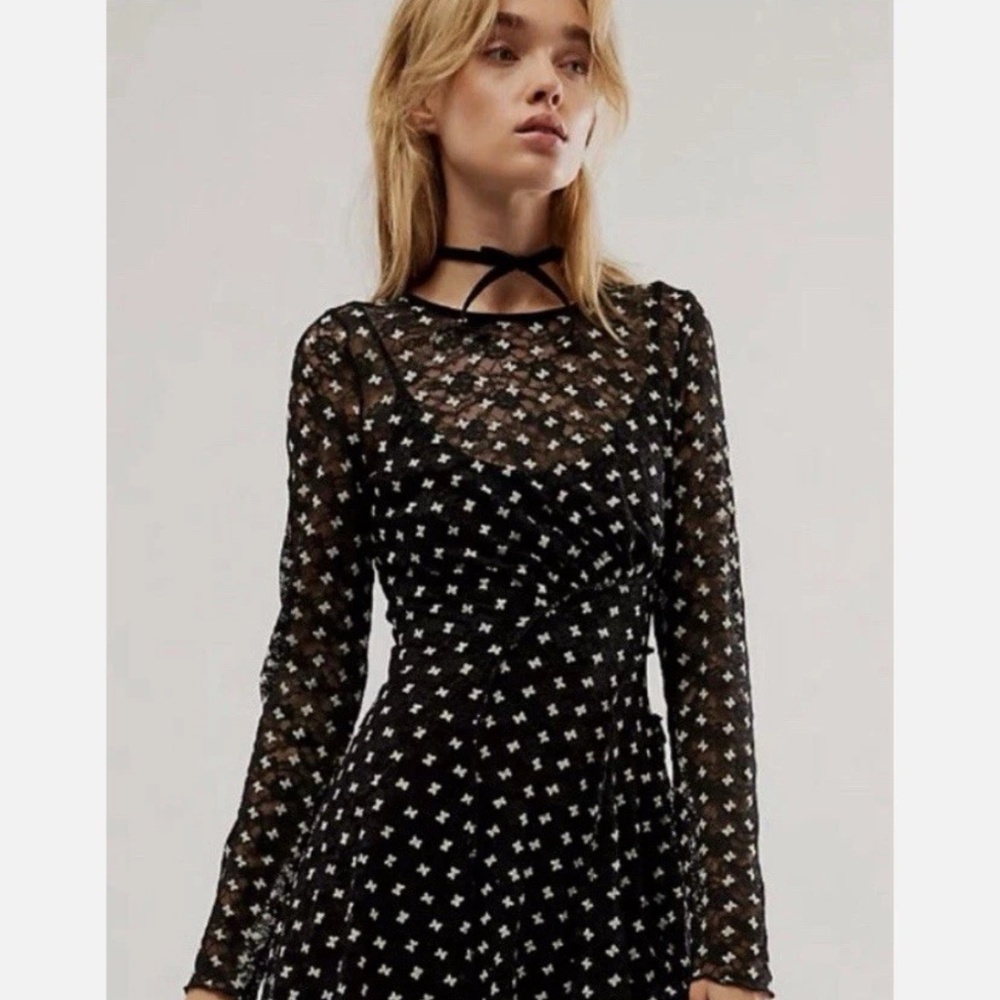 FREE PEOPLE Sheer Delight Long Sleeve Lace Embroidered Minidress SIZE S